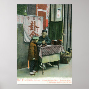 View of Chinese Fortune Teller at Desk Poster