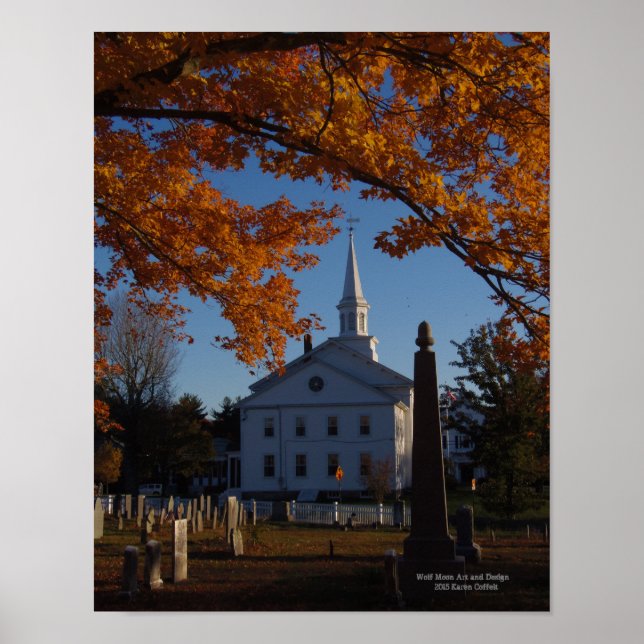 View of Church from Cemetery Golden Fall Foliage Poster (Front)