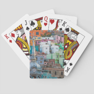 View of city buildings playing cards