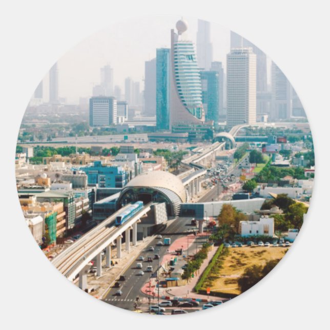 View of city metro line and skyscrapers classic round sticker (Front)