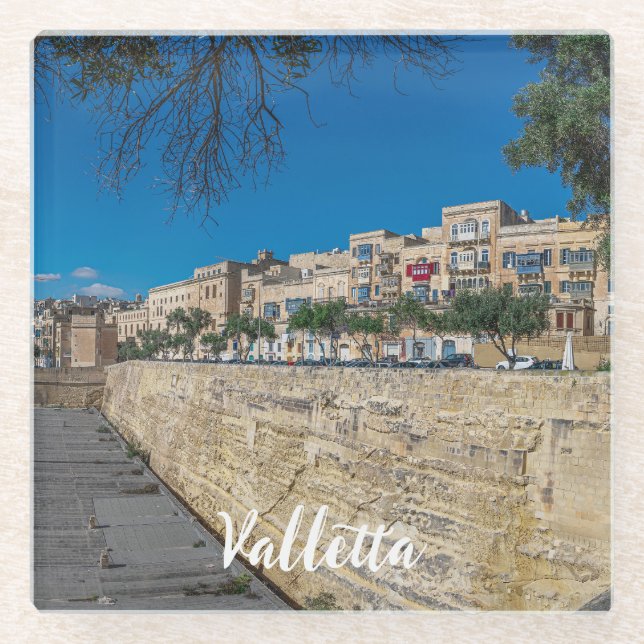 View of city wall and harbor in Valletta Glass Coaster (Front)