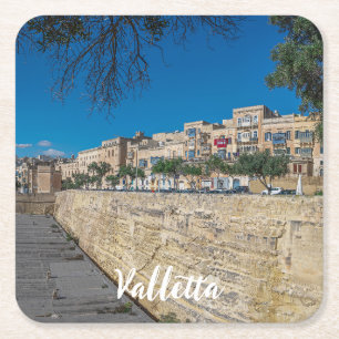 View of city wall and harbor in Valletta Square Paper Coaster