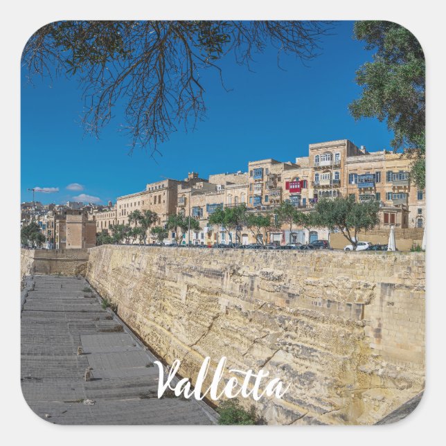 View of city wall and harbor in Valletta Square Sticker (Front)