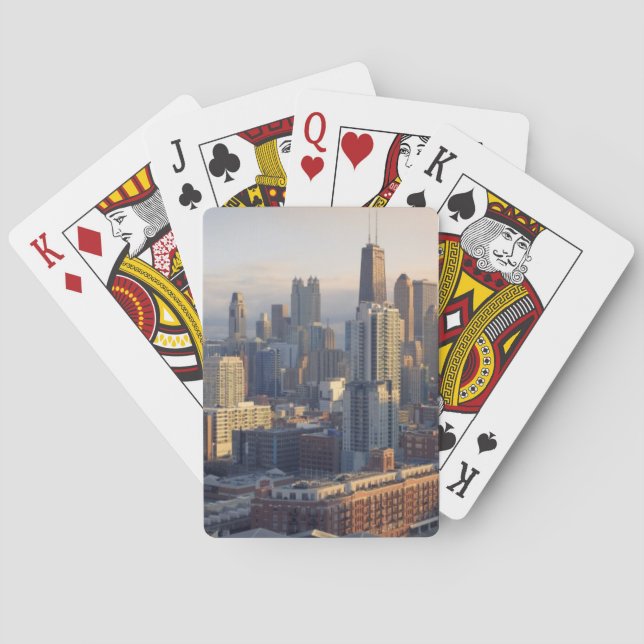 View of cityscape with fantastic light playing cards (Back)