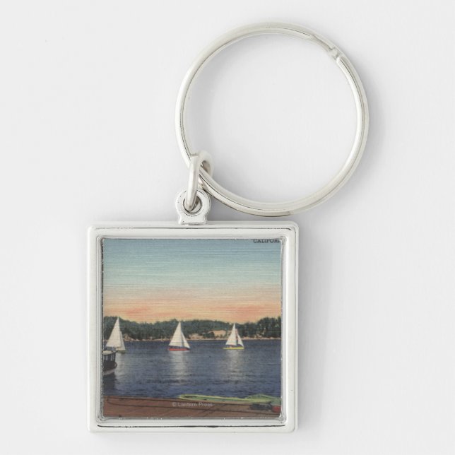 View of Dock, Lake, & Sailboats Key Ring (Front)