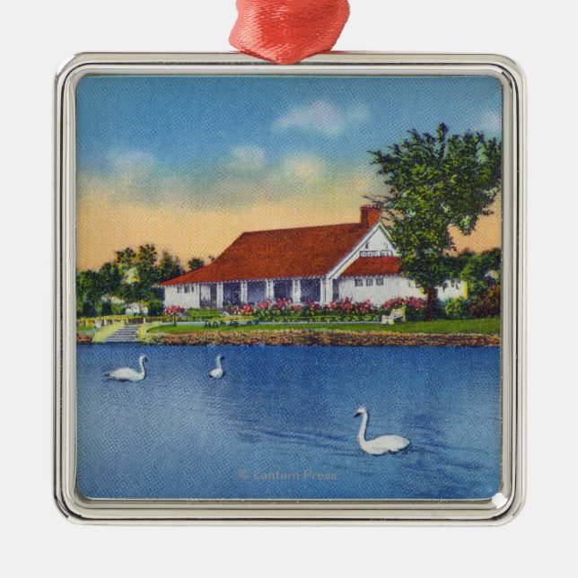 View of Hoopes Park Swans on the Lake Metal Tree Decoration (Front)