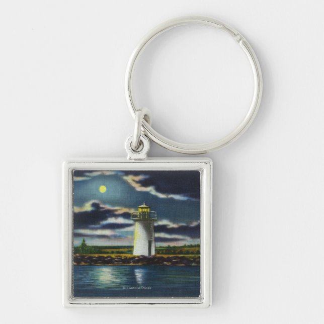 View of Lake Cobbosseecontee Lighthouse at Night Key Ring (Front)