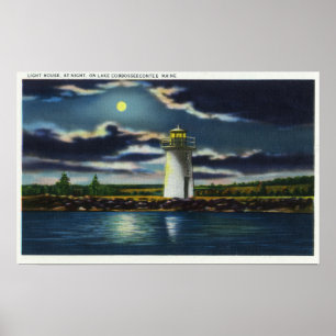View of Lake Cobbosseecontee Lighthouse at Night Poster