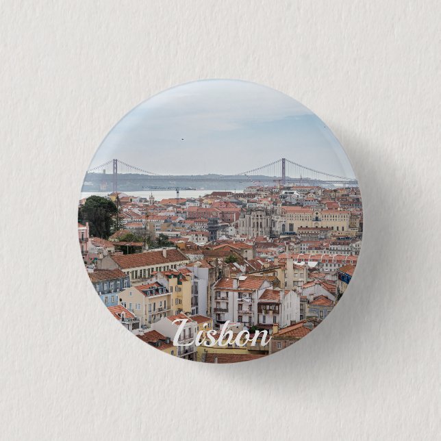 View of Lisbon old town and 25th of April Bridge 3 Cm Round Badge (Front)