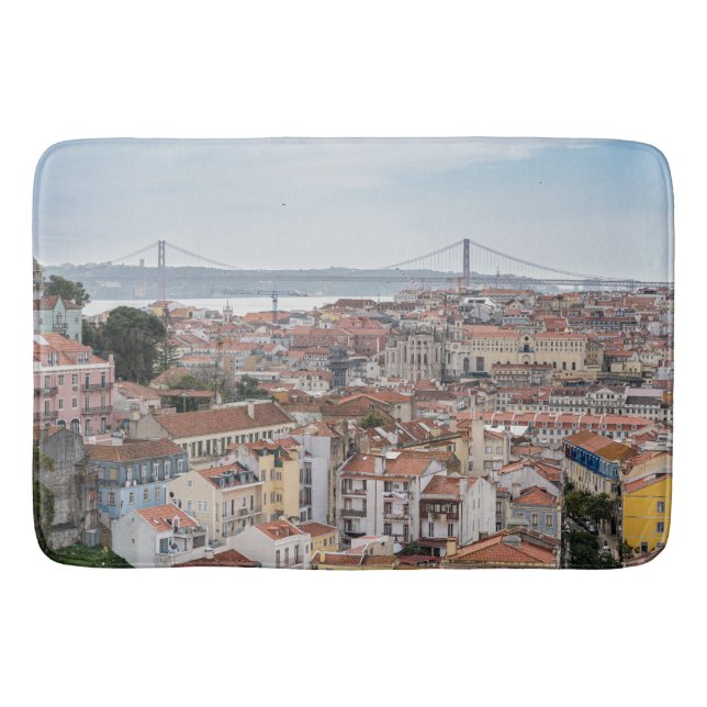 View of Lisbon old town and 25th of April Bridge Bath Mat (Front)