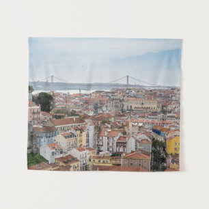 View of Lisbon old town and 25th of April Bridge Tapestry