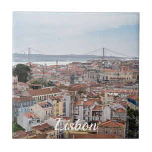 View of Lisbon old town and 25th of April Bridge Tile