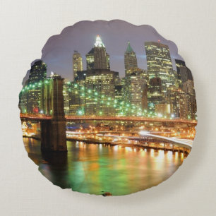 View of Lower Manhattan and the Brooklyn Bridge Round Cushion