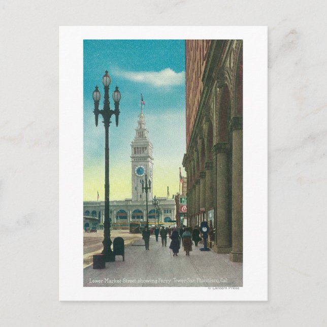 View of Lower Market St showing Ferry Tower Postcard (Front)