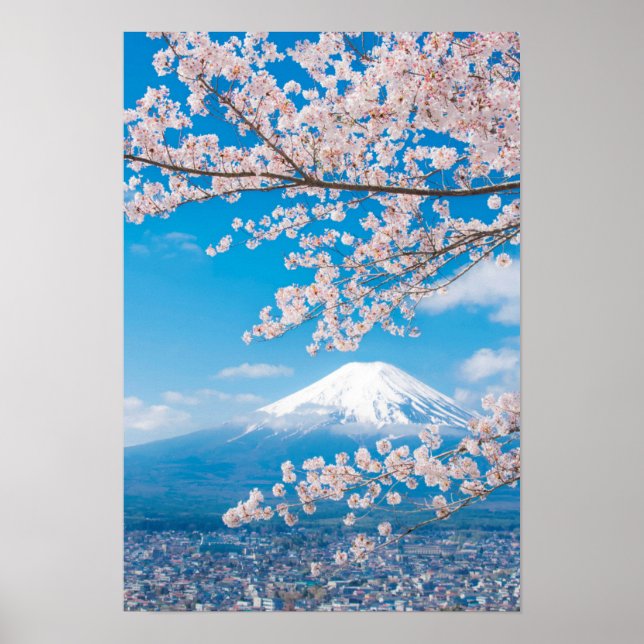 View of Mount Fuji with Cherry Blossoms Poster (Front)