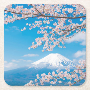 View of Mount Fuji with Cherry Blossoms Square Paper Coaster
