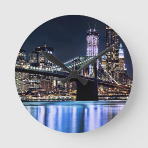 View of New York's Brooklyn bridge reflection Round Clock