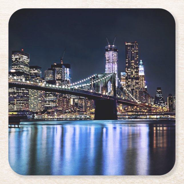 View of New York's Brooklyn bridge reflection Square Paper Coaster (Front)