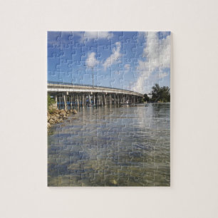 View of people fishing from a boat near a bridge jigsaw puzzle
