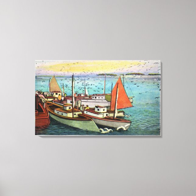 View of Sea Gulls and Ships at the Wharf Canvas Print (Front)