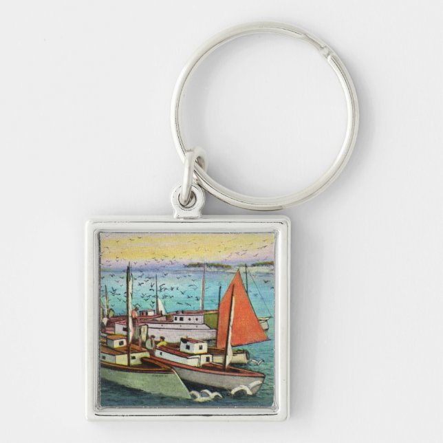 View of Sea Gulls and Ships at the Wharf Key Ring (Front)