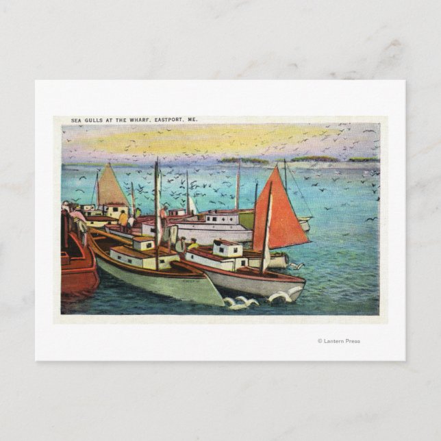 View of Sea Gulls and Ships at the Wharf Postcard (Front)