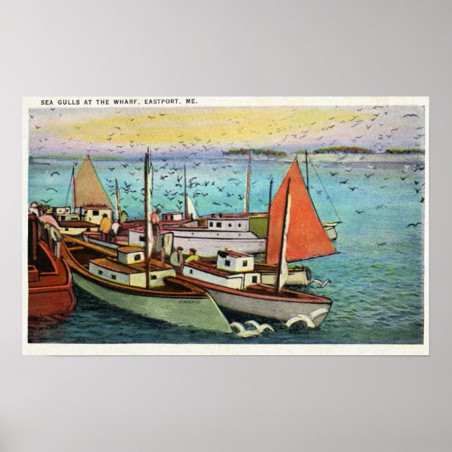 View of Sea Gulls and Ships at the Wharf Poster (Front)