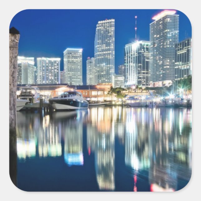 View of skyline with reflection in water, Miami Square Sticker (Front)
