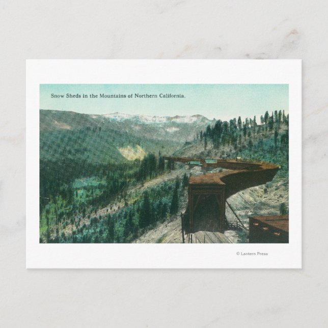 View of Snow Sheds over Train Tracks in Mountain Postcard (Front)