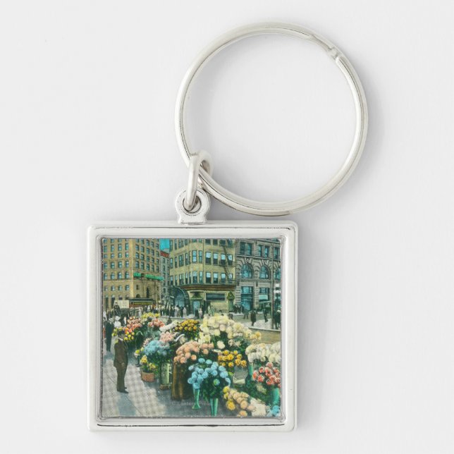 View of Street Flower Venders Key Ring (Front)