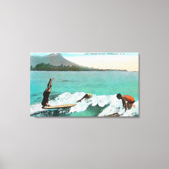 View of Surfers Board Riding, One Taking a Canvas Print (Front)