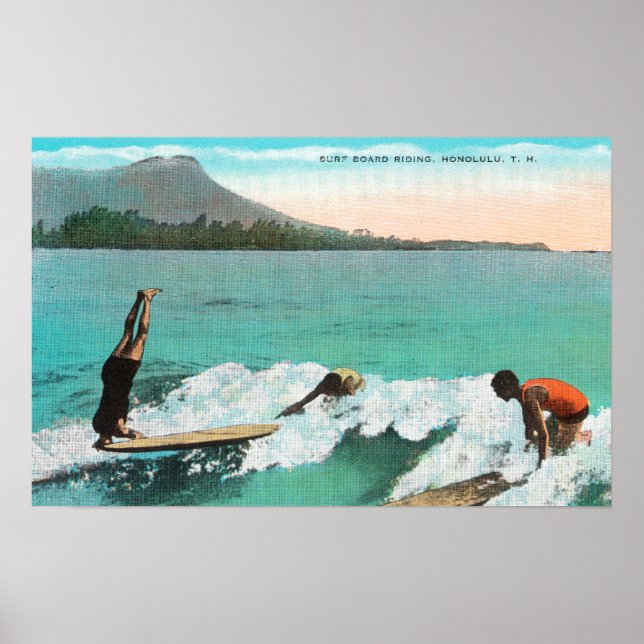 View of Surfers Board Riding, One Taking a Poster (Front)