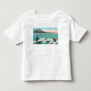 View of Surfers Board Riding, One Taking a Toddler T-Shirt