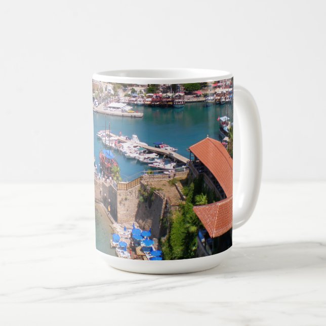 View of the port, beach Mermerly in city Antalya Coffee Mug (Front Right)