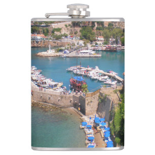 View of the port, beach Mermerly in city Antalya Hip Flask