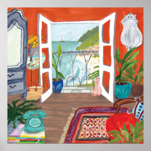 View of the Sea Apartment Interior Watercolor Art Poster