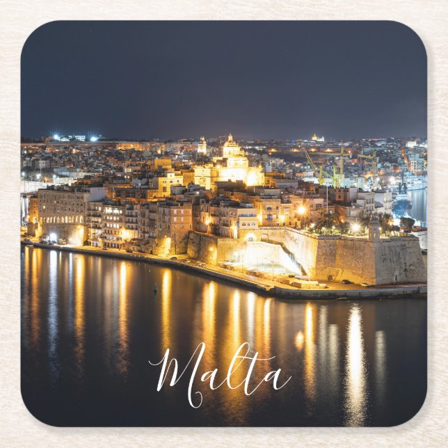 View of Three cities in Malta at night Square Paper Coaster (Front)
