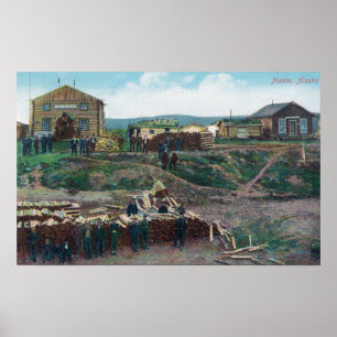 View of Townspeople Around Cut WoodNulato, AK Poster