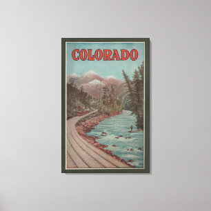 View of Train Alongside River - Travel Poster Canvas Print