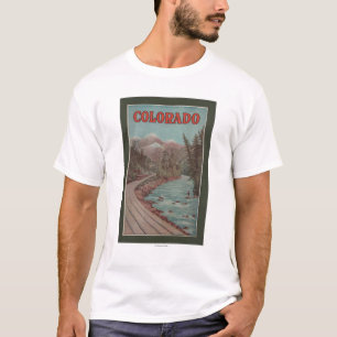 View of Train Alongside River - Travel Poster T-Shirt