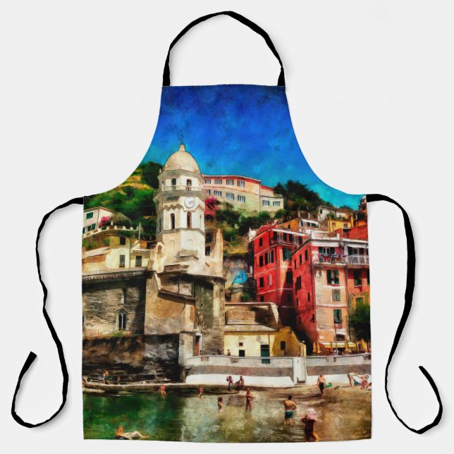View of Vernazza, Italy. Watercolor painting conte Apron (Front)