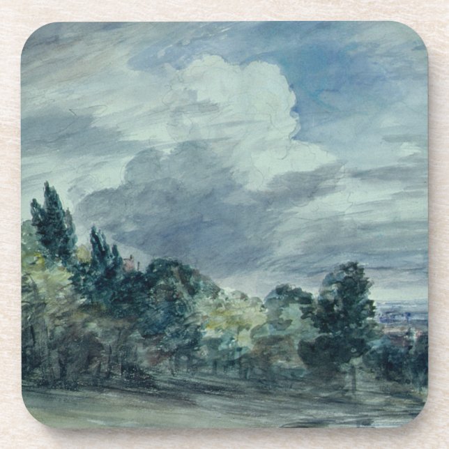 View over a wide landscape, with trees in the fore coaster (Front)