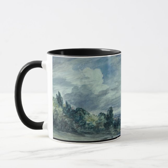 View over a wide landscape, with trees in the fore mug (Left)