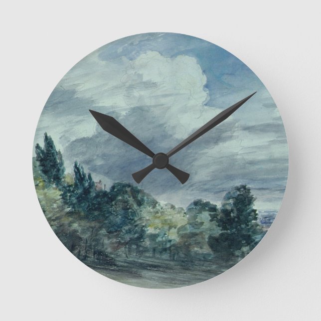 View over a wide landscape, with trees in the fore round clock (Front)