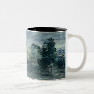 View over a wide landscape, with trees in the fore Two-Tone coffee mug