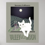 Vigne, Clair de Lune et Chat Blanc 2 Poster<br><div class="desc">Wine, moonlight and a white cat poster art. Contemporary Art Nouveau and Art Deco influenced poster art graphic. A white cat sitting on a window sill overlooking a vineyard backdrop and moon above. In the heart of the California wine country, is Sonoma, whose name, aka “Valley of the Moon, ”...</div>