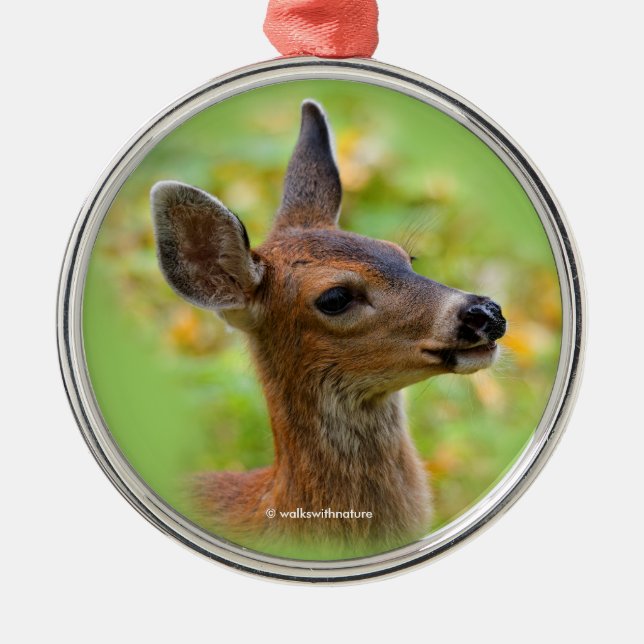 Vignetted Portrait of Smiling Blacktail Deer Fawn  Metal Tree Decoration (Front)