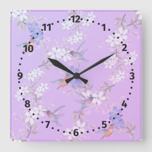 viintage birds purple botanical wallpaper square wall clock