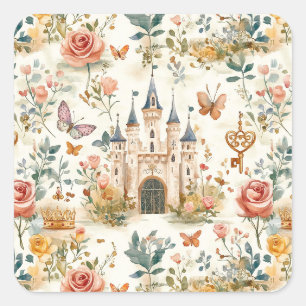 Viintage Mediaeval Castle Floral Fantasy Butterfly Square Sticker