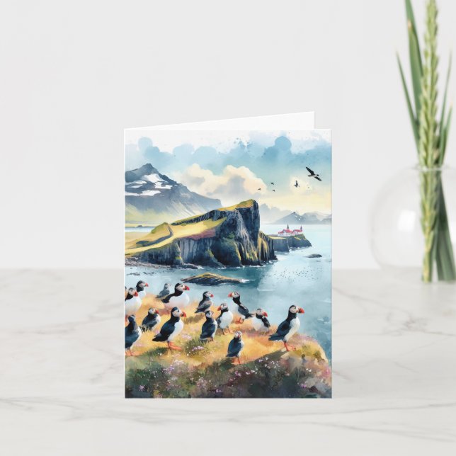 Vik Iceland Puffins Watercolor Card (Front)